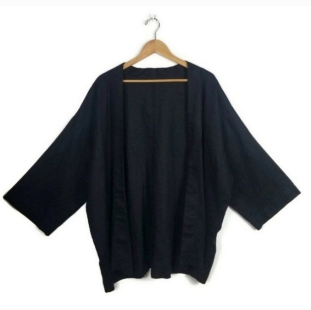 Go Silk Linen Kimono Open Front Long Sleeve Jacket Topper Black Large